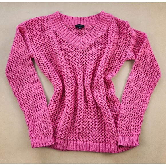 Talbots Mesh Sweater Small PETITE Hot Pink Pullover Beachy Sheer Crochet Cover - Picture 2 of 10